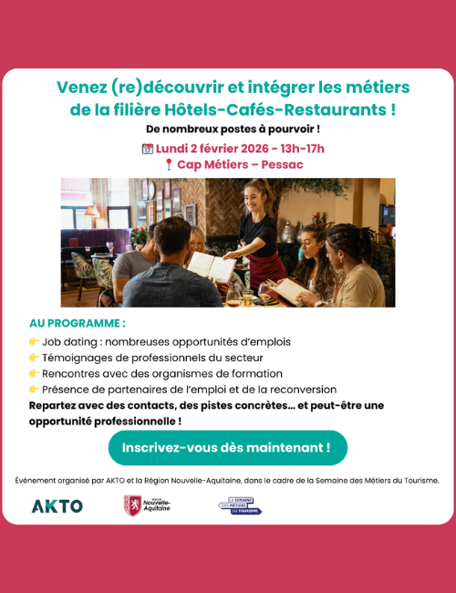 Forum « À la (re)conquête des métiers de la filière Hôtels-Cafés-Restaurants » : rendez-vous le 2 février 2026 à Bordeaux