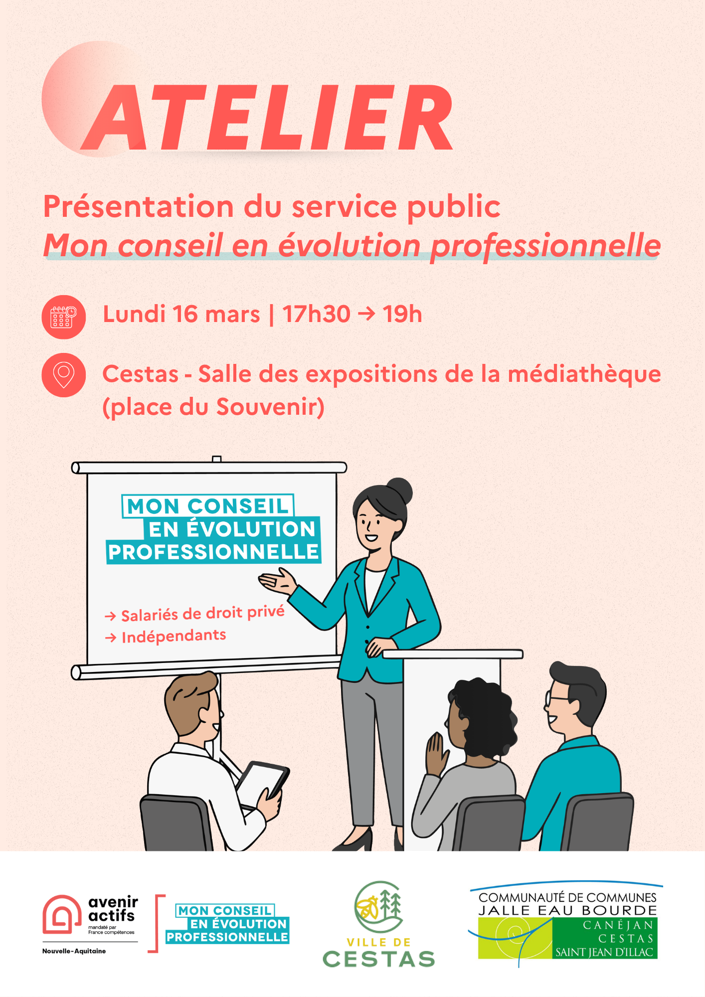 Atelier de présentation du service public Mon conseil en évolution professionnelle par le réseau Avenir Actifs en Nouvelle-Aquitaine